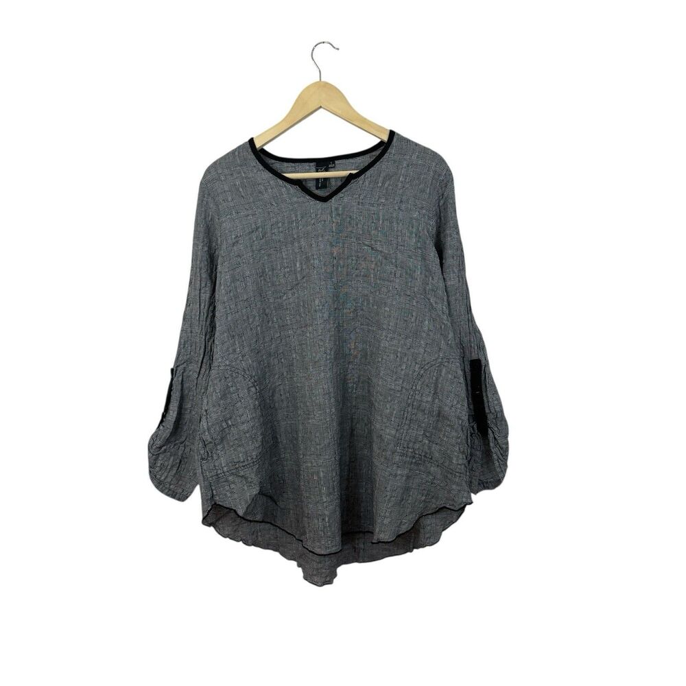 Focus Casual Life Large Linen Cotton Top Plaid Lagenlook Flowy Pullover Womens